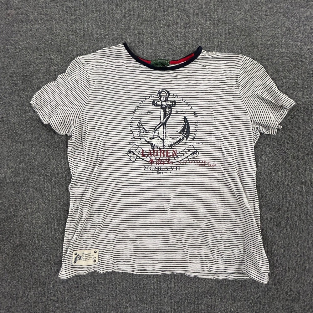 Lauren Ralph Lauren T-Shirt Womens Size M White Striped Nautical Anchor Cotton